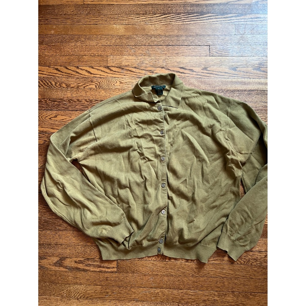 J.Crew Womens Medium Olive Green 100% Cotton Polo Collar Button Down Cardigan